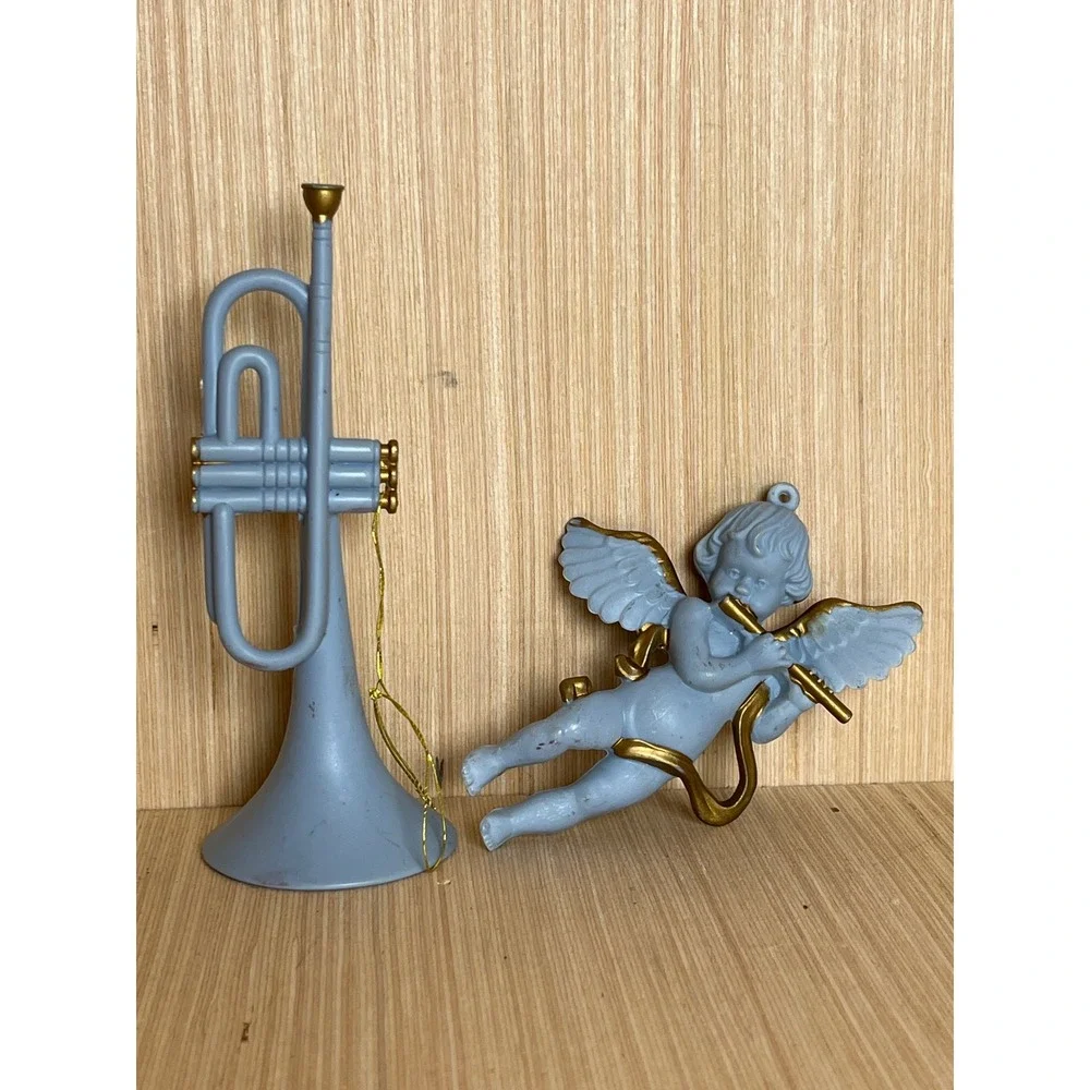 Vintage Light Blue Cherub and Trumpet Musical Christmas Ornaments Gold Accents